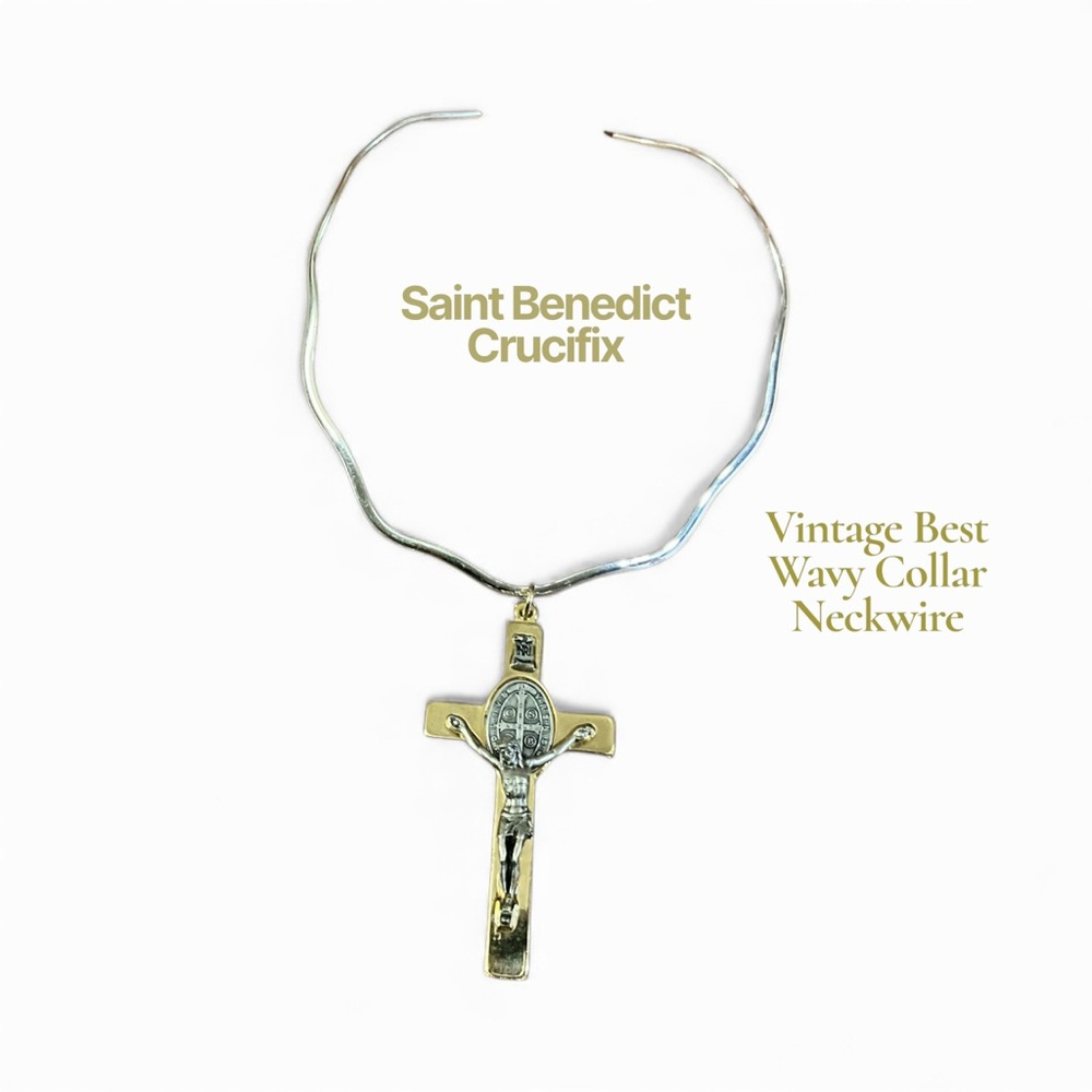 Saint Benedict Crucifix Made in Italy on Vintage Best Wavy Collar Neck Wire